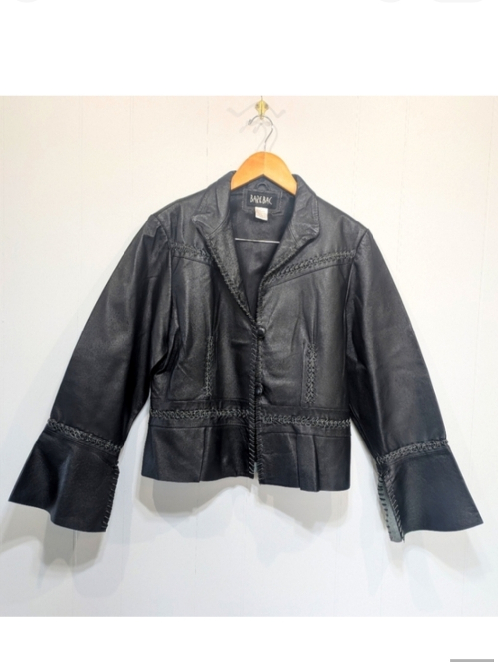 Barebac Black Leather Jacket Whipstitch Bell Sleeve Boho Moto Cropped Large